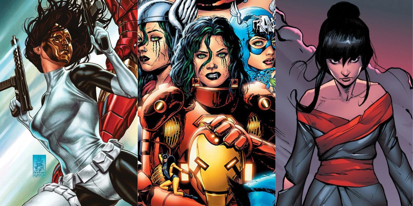 Split image of Madame Masque with both of her guns, Absynthe, & Tomoe in Iron Man comics.
