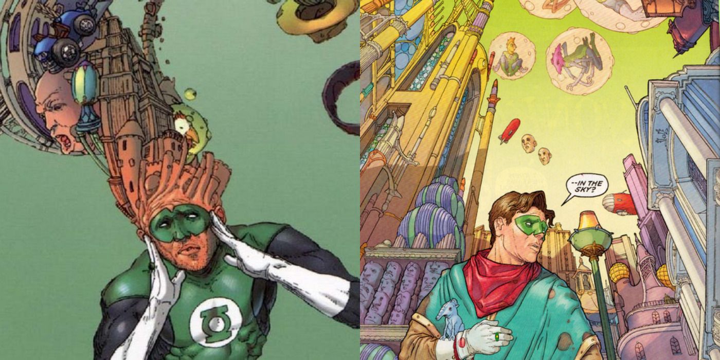 Split image of Green Lantern with a mishaped head &amp; heroes in bubbles in DC Comics.