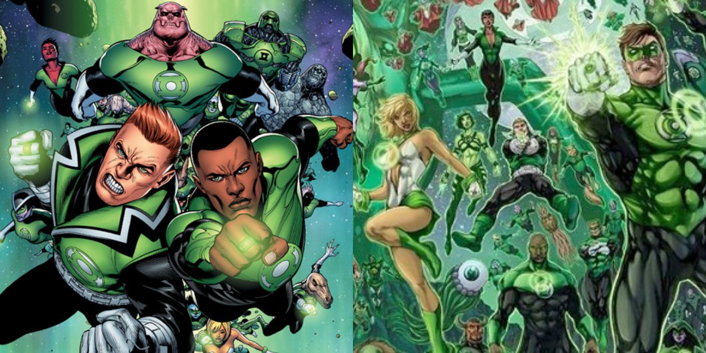 Split image of the Green Lantern Corps &amp; all of the Green Lanterns in DC Comics.