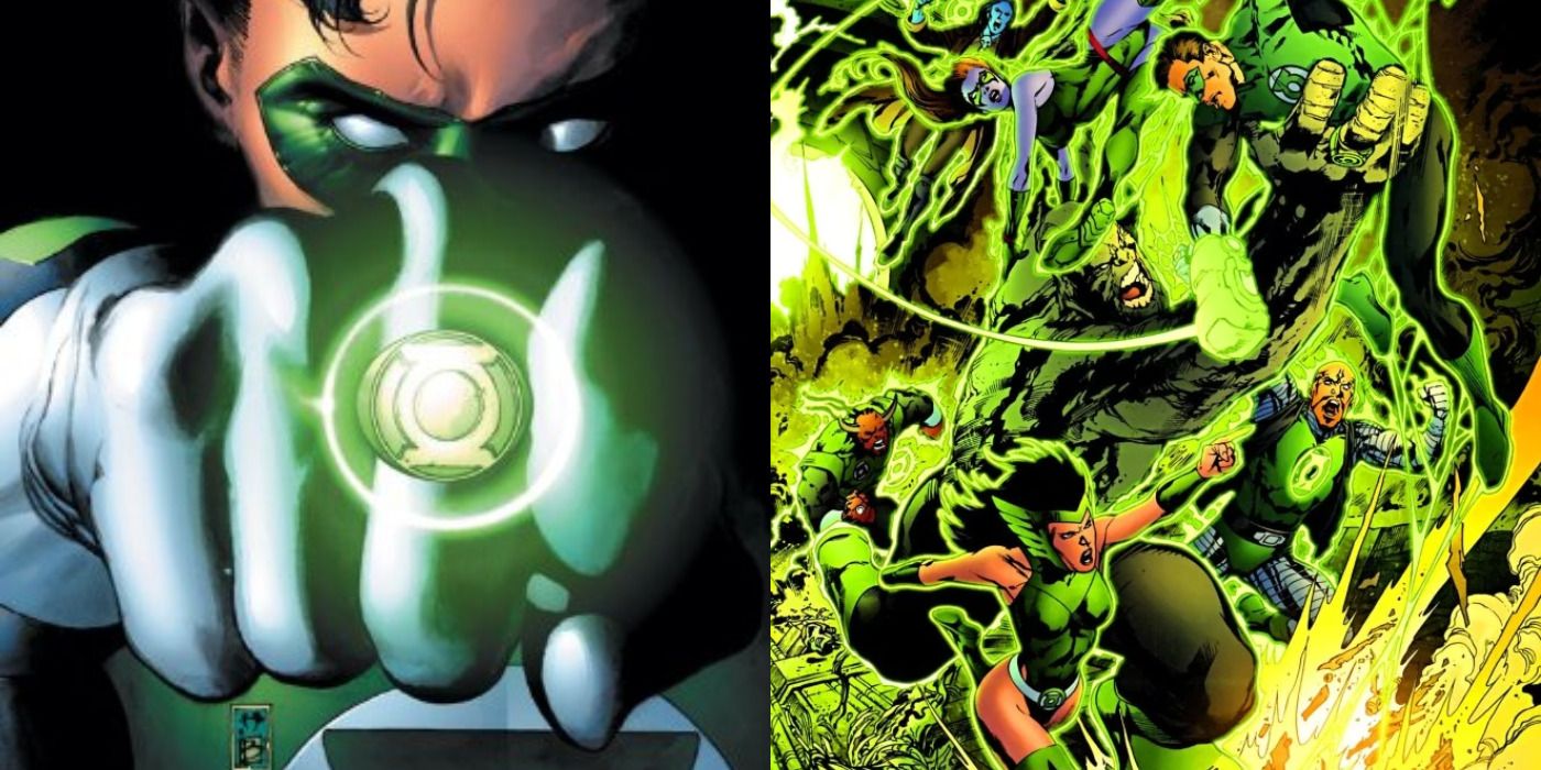 Split image of a close up of Green Lantern's ring &amp; Green Lanterns fighting in DC Comics.