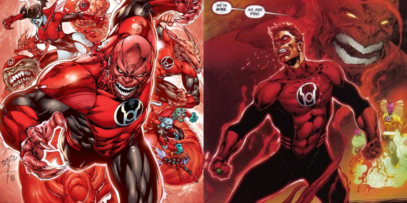 Split image of the Red Lanterns flying &amp; Green Lantern as a Red Lantern in DC Comics.