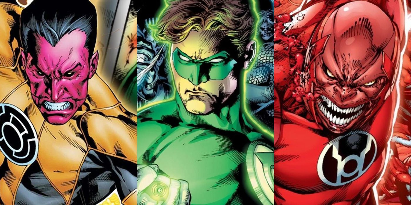 Split image of Sinestro, Green lantern looking at his ring, & the Red Lantern in DC Comics.
