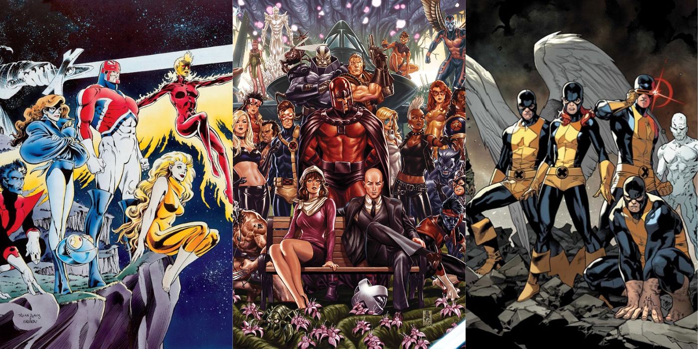 Split image of Excalibur, various X-Men members, and the original X-Men team in Marvel Comics.