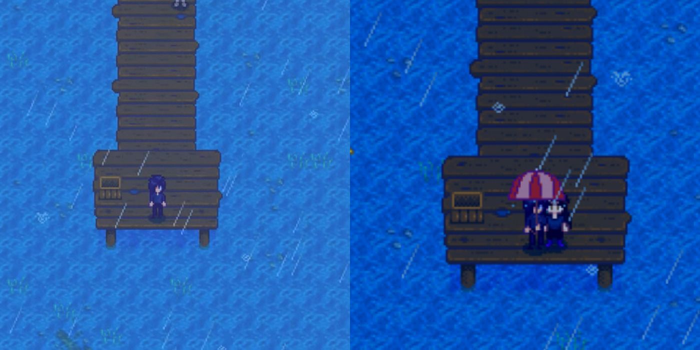 Split image of Sebastian on a dock &amp; with the player in Stardew Valley.