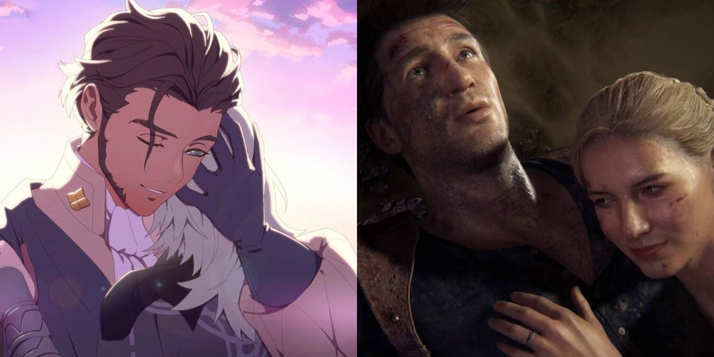 Split image of Byleth hugging Claude in Fire Emblem & Nathan & Elena in Uncharted 4: A Thief's End.
