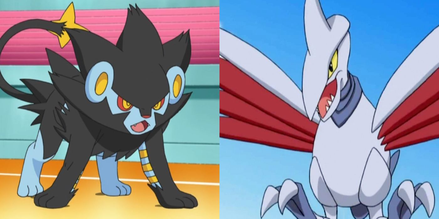 Split image: Luxray and Skarmory in the Pokemon anime