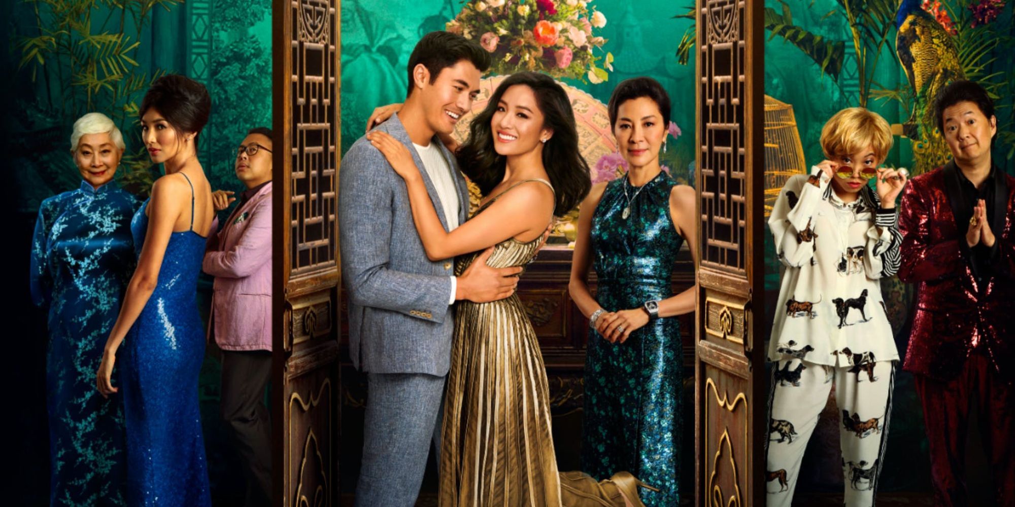 Poster of the cast of Crazy Rich Asians including Constance Wu, Michelle Yeoh, and Henry Golding