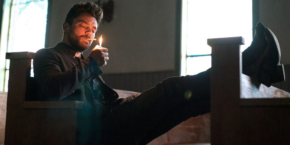 Jess smokes in church on Preacher