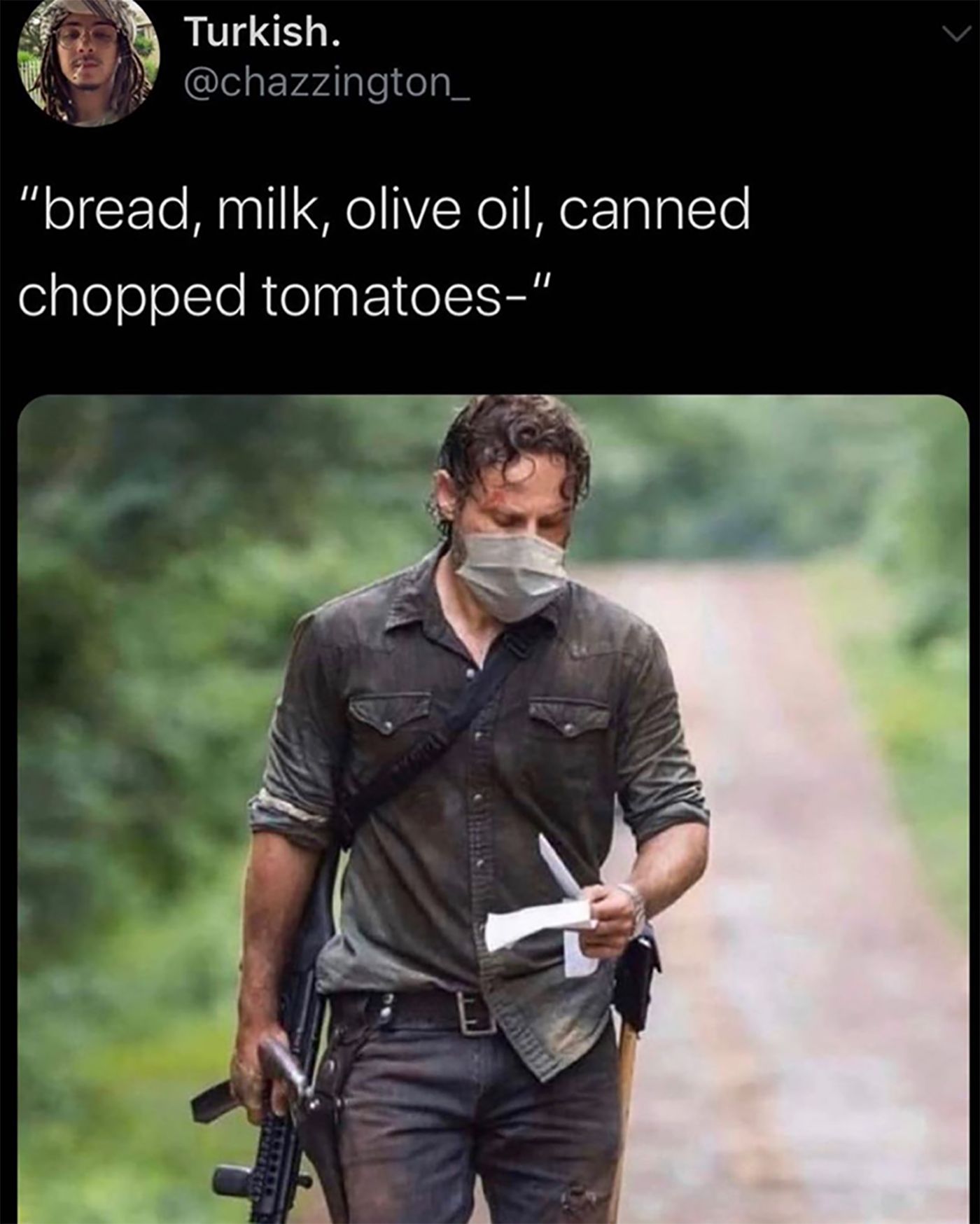A funny meme about Rick Grimes showing him walking with a face mask and the caption of him reading a grocery list.