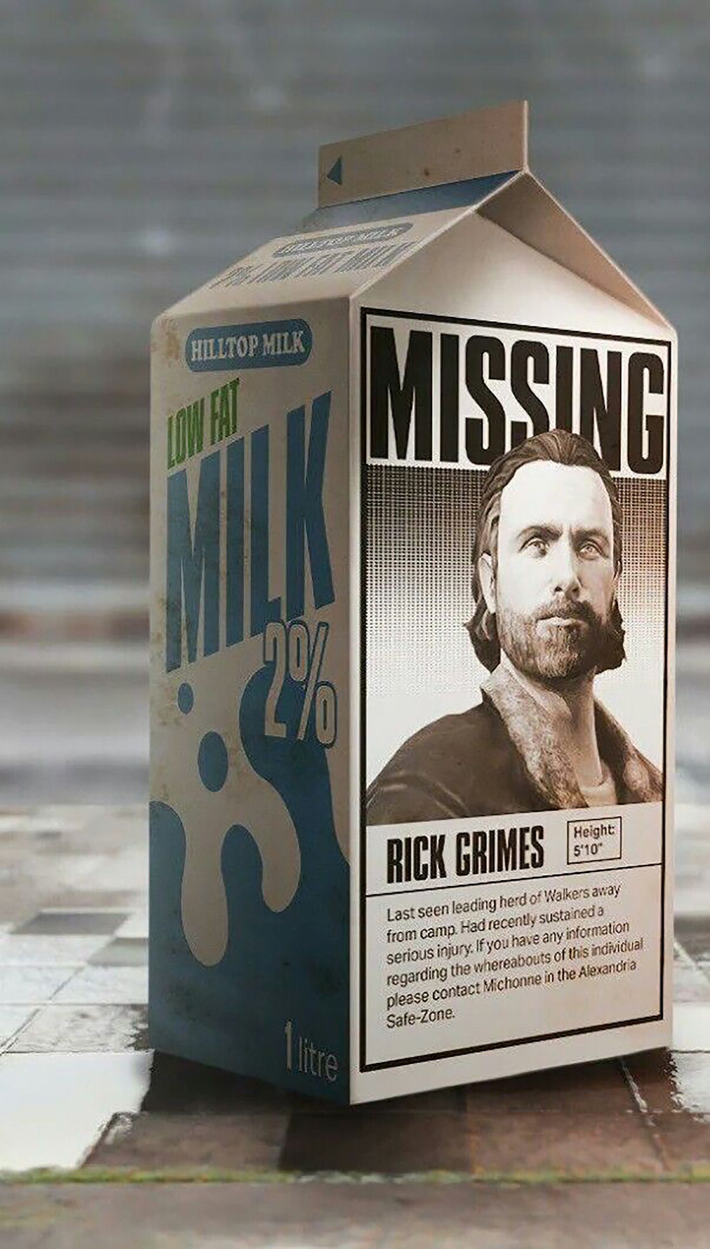Rick Grimes face on a milk carton in a funny meme.