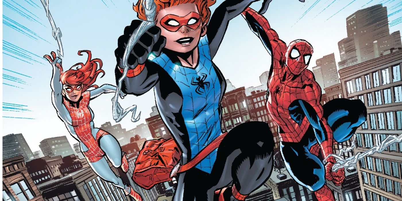 Spiderling swings alongside the rest of her family in the comics