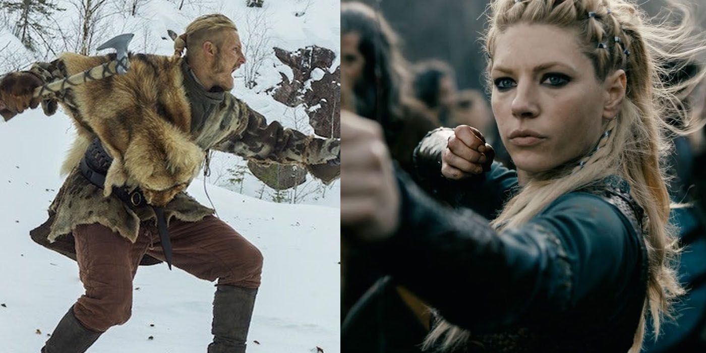 split image Bjorn fighting bear and Lagertha killing Aslaug