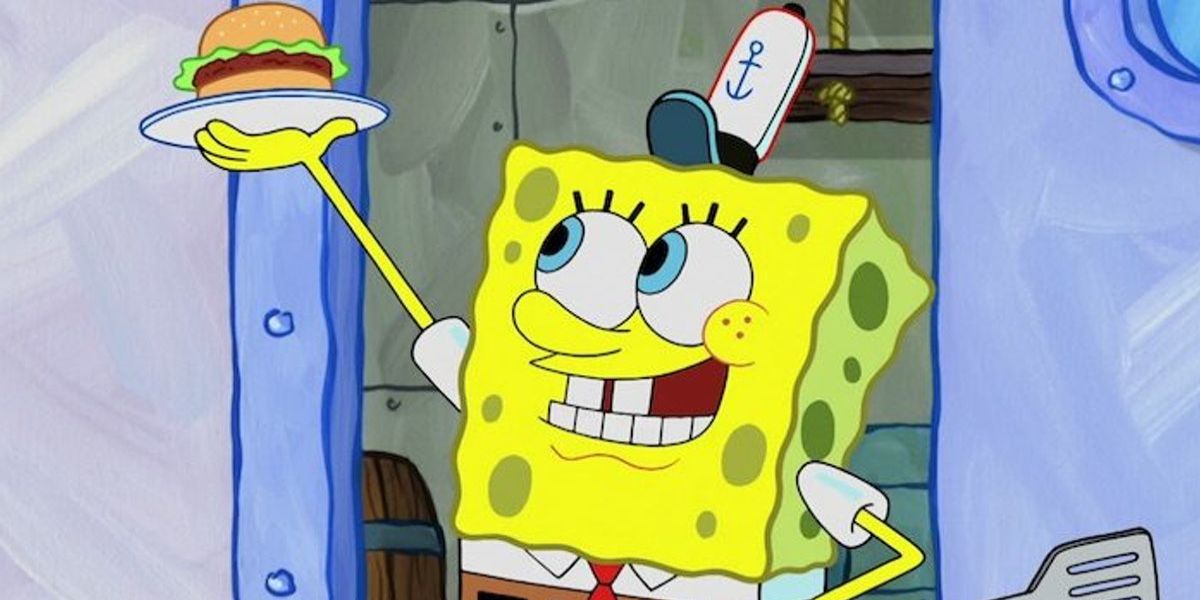 SpongeBob holds a Krabby patty above his head in The SpongeBob SquarePants Show.