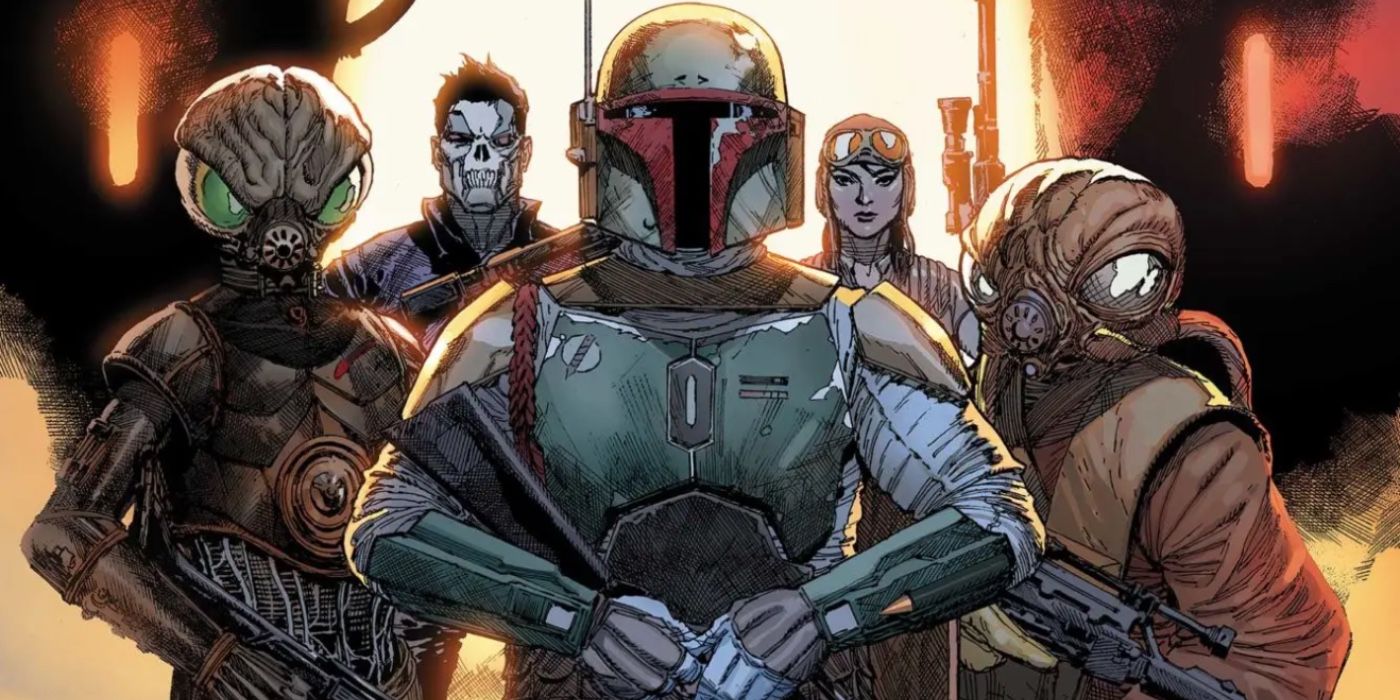 Boba Fett followed by a supporting cast, including Doctor Aphra, in War of the Bounty Hunters