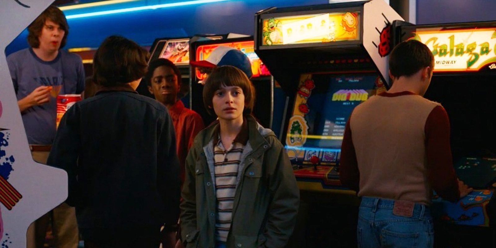 The boys playing in the arcade in Stranger Things