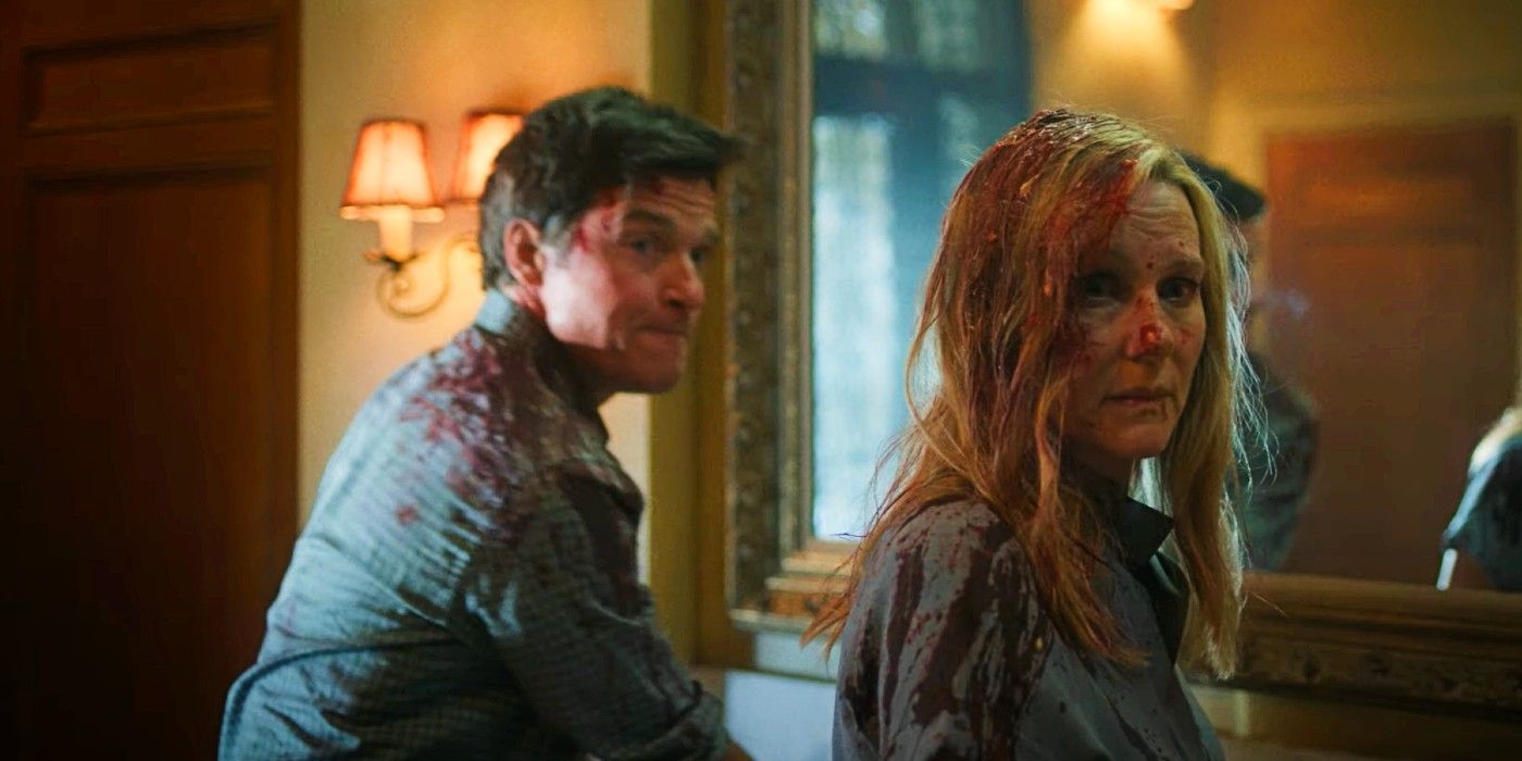 Marty and Wendy Byrde from Ozark, standing together in front of a bathroom mirror, covered in blood.