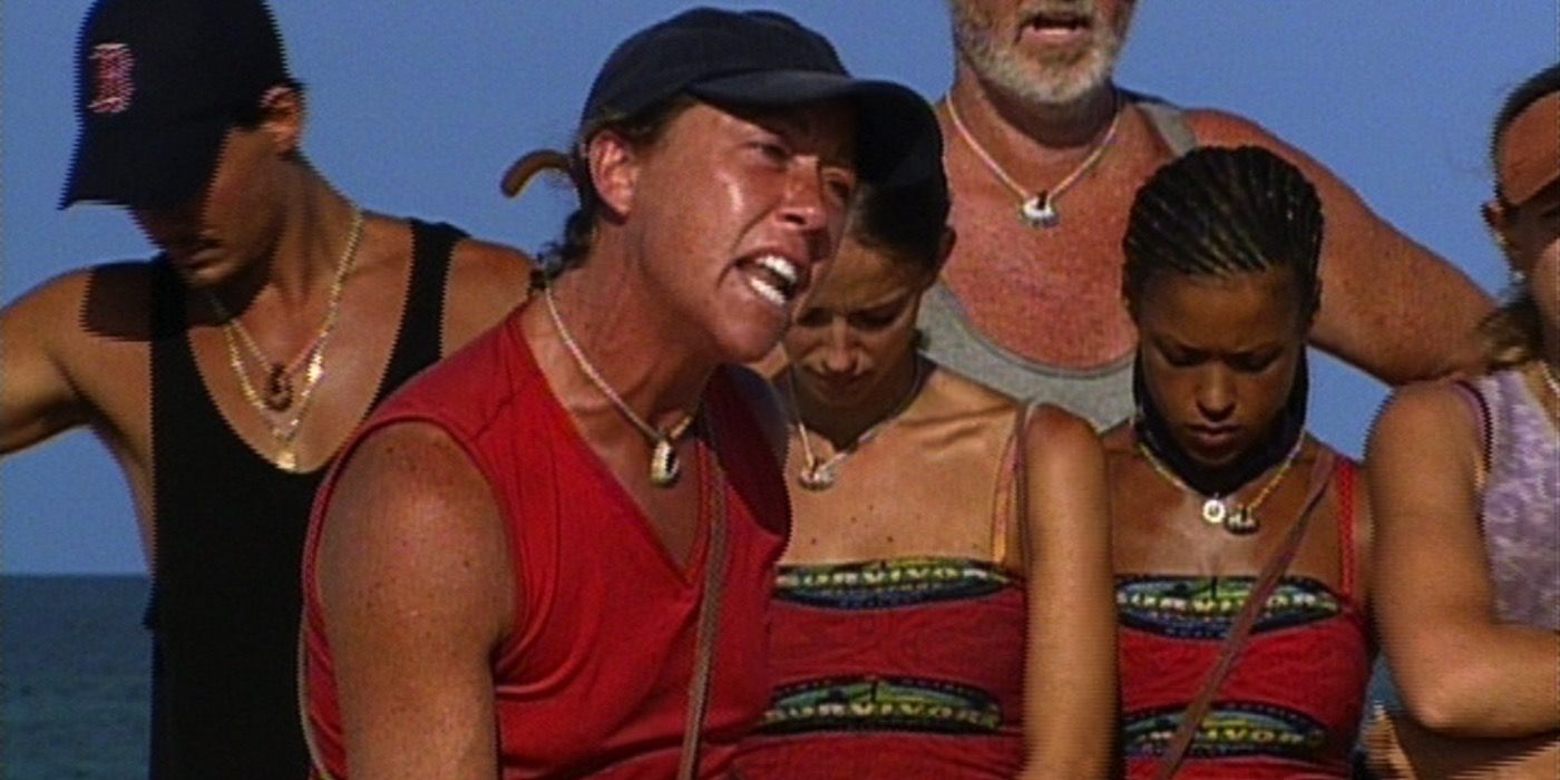 Sue Hawk explaining to Jeff Probst and her tribe why she's quitting Survivor