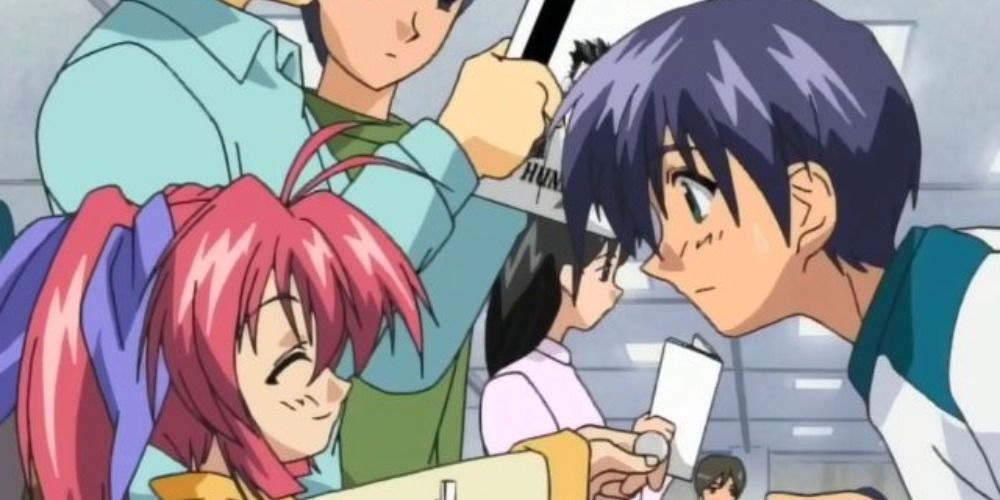 the main characters of Comic Party at a manga convention, a pink haired girl gives money to a blue haired boy