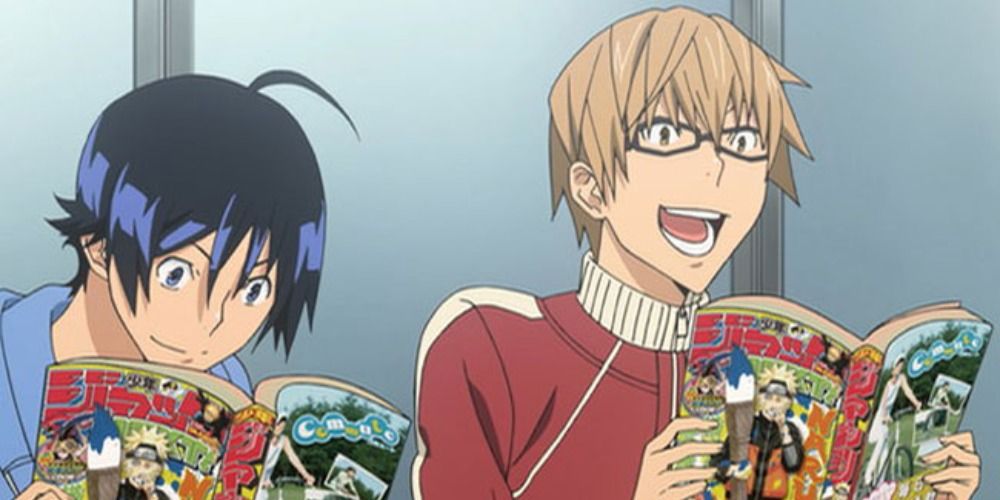 the two main characters of Bakuman reading thick volumes of manga excitedly
