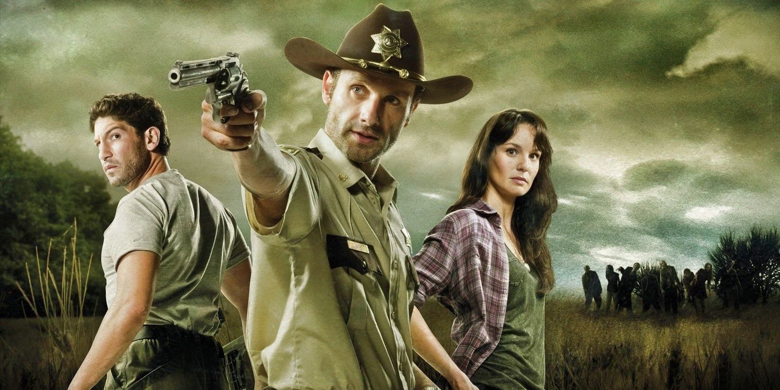 A promo poster from the first season of The Walking Dead, showing Rick in uniform, and Shane and Lori behind him.