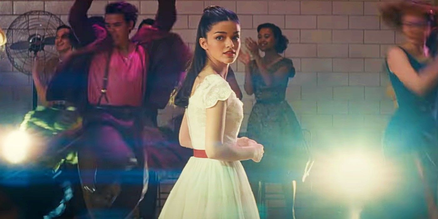 Maria looks behind her at the dance in West Side Story
