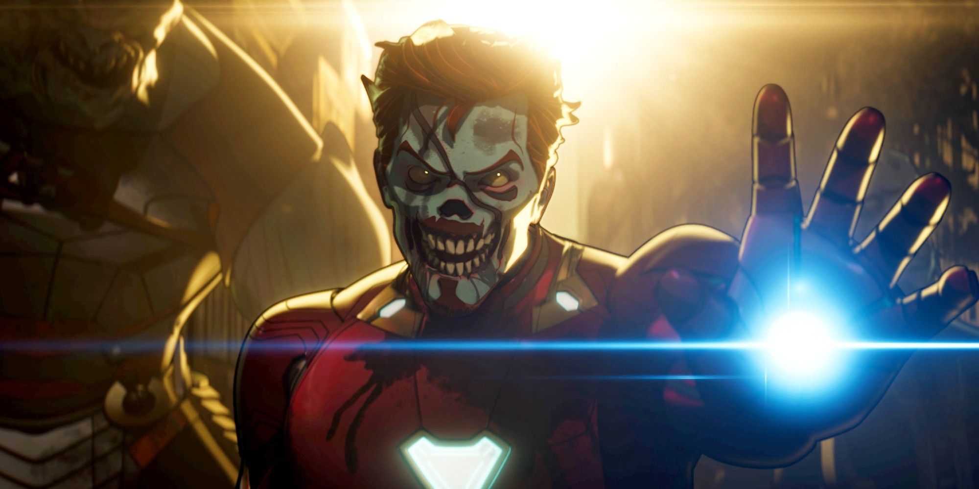 A zombie Iron Man raises his arm to fire a blast in Marvel's What If...?