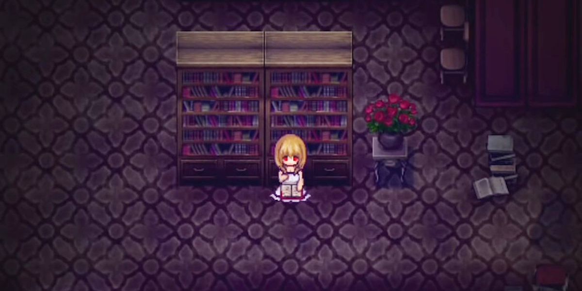 A little girl stands next to a bookcase in 10 Best RPG Maker Horror Games.