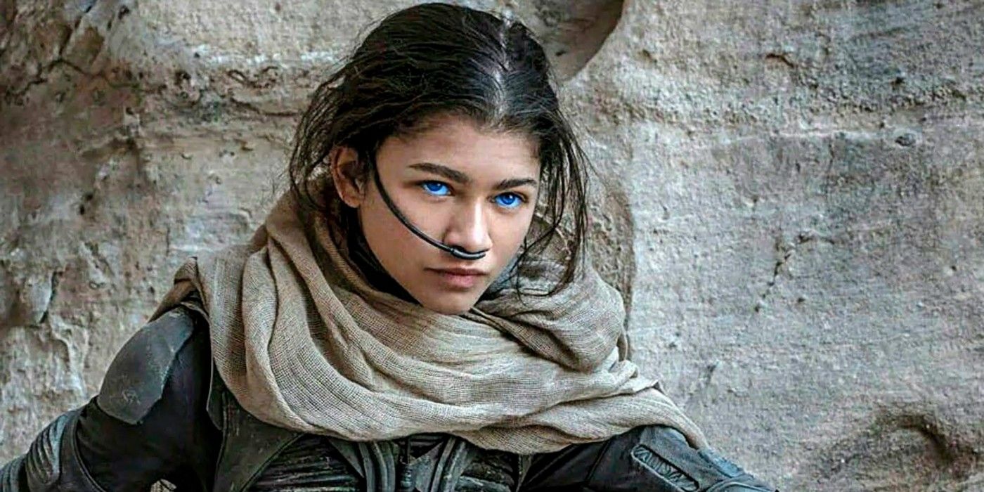 Zendaya as Chani against a rock in the desert in Dune