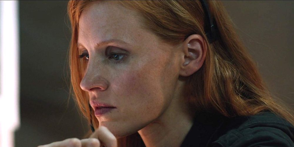 Maya makes a difficult decision at her desk in Zero Dark Thirty