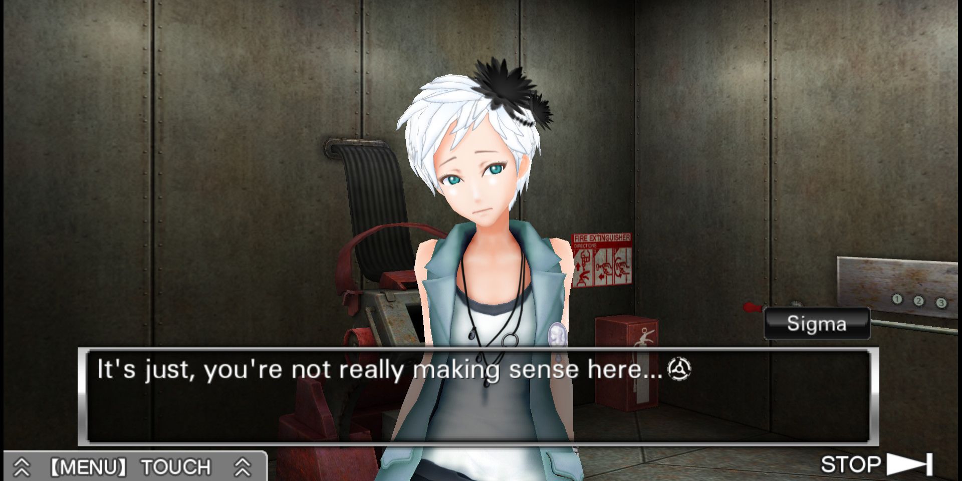 Phi talks to the player with a dialogue box on the bottom of the screen in Zero Escape.