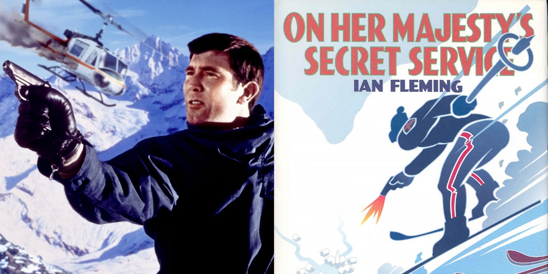 George Lazenby as James Bond and the cover of OHMSS.