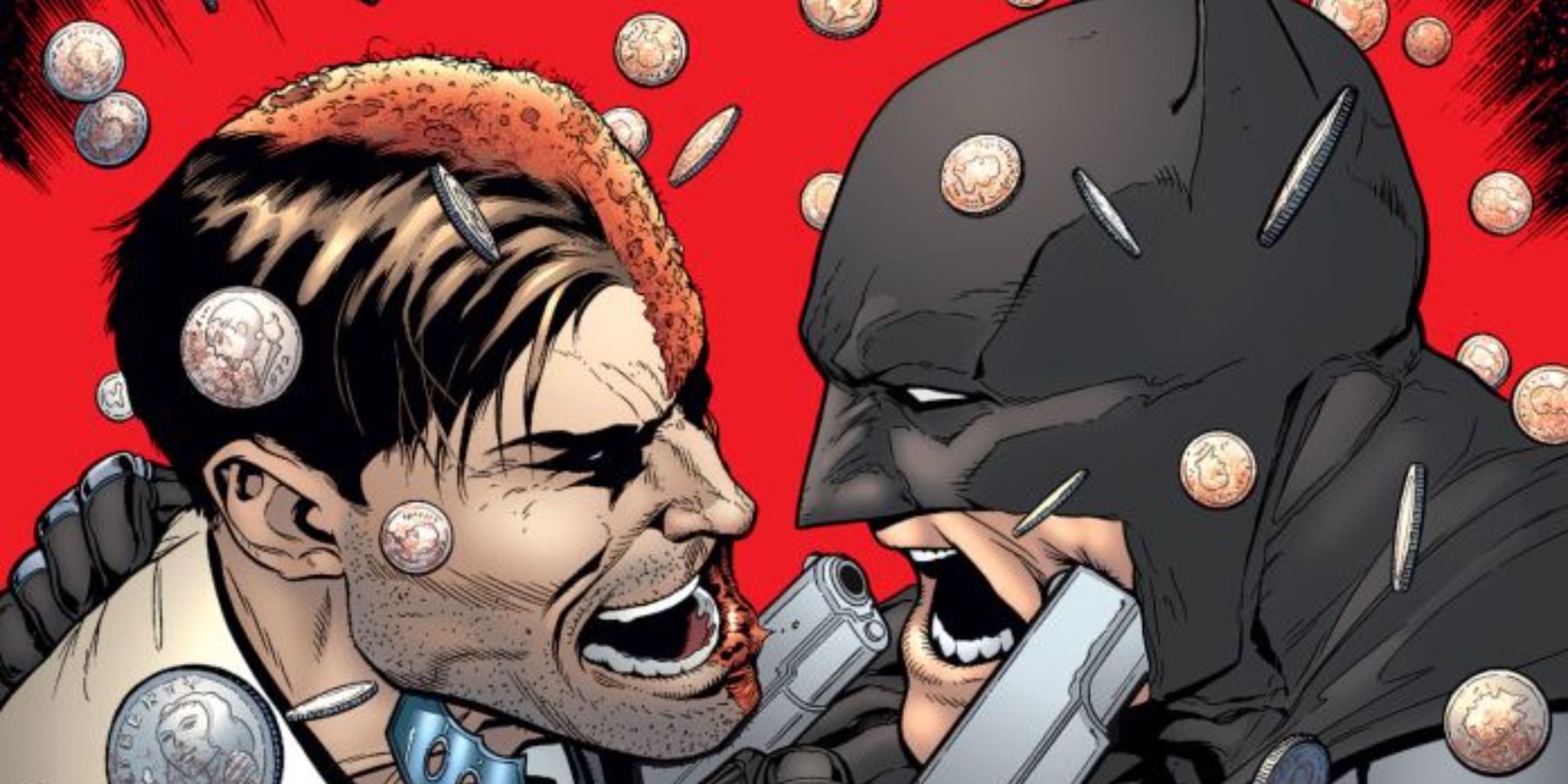 Batman and Two-Face fight as coins rain from above., in a DC comic.
