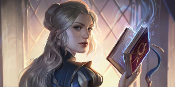 female wizard holding magic book