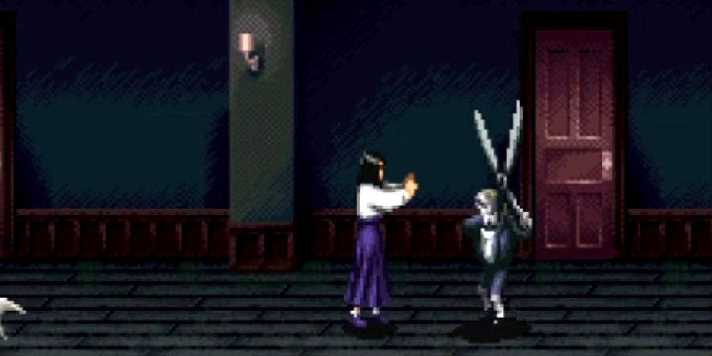 A killer chasing a girl with giant shears in Clock Tower