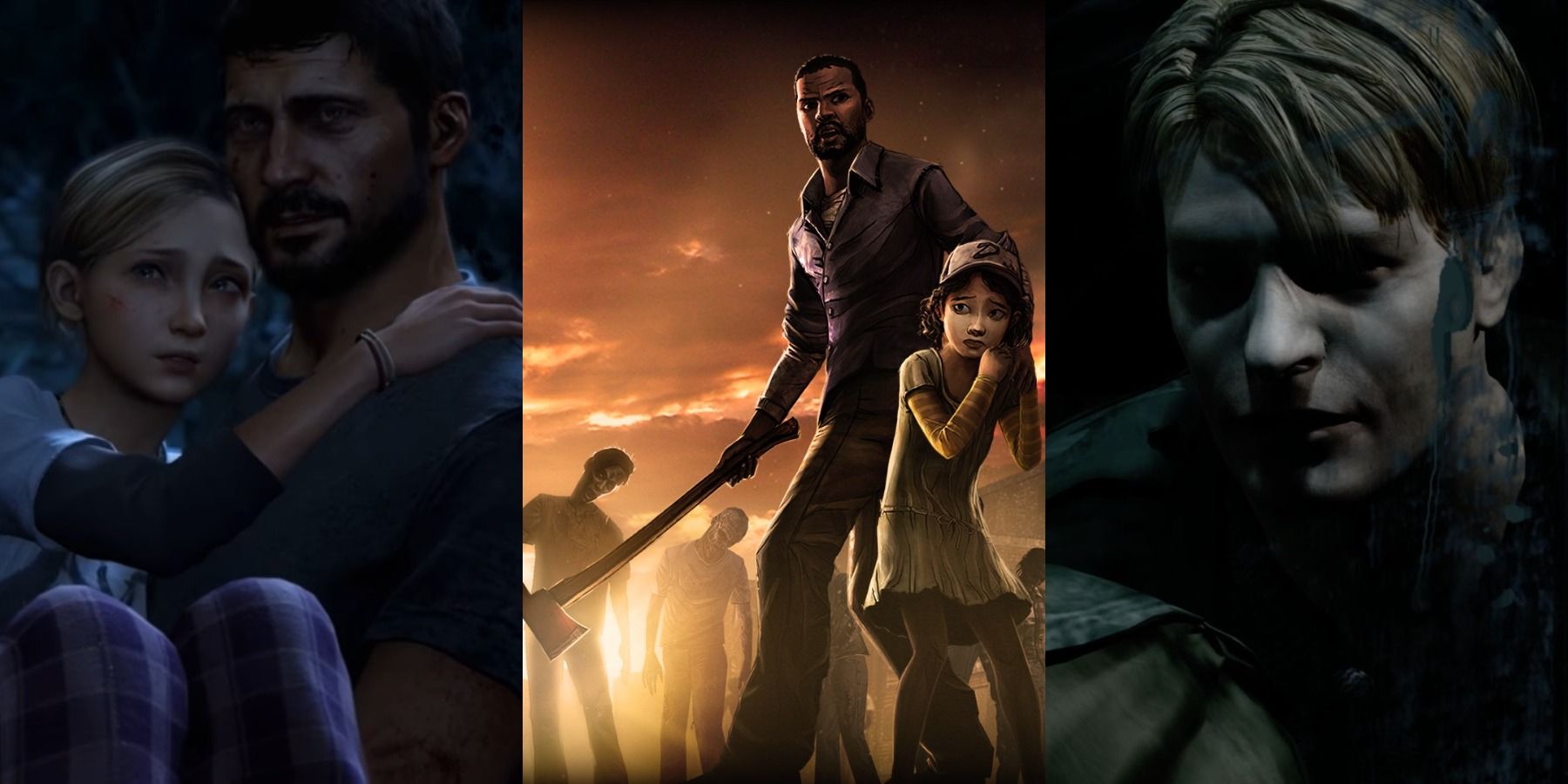 Split image of stills from The Last of Us, The Walking Dead, and Silent Hill 2