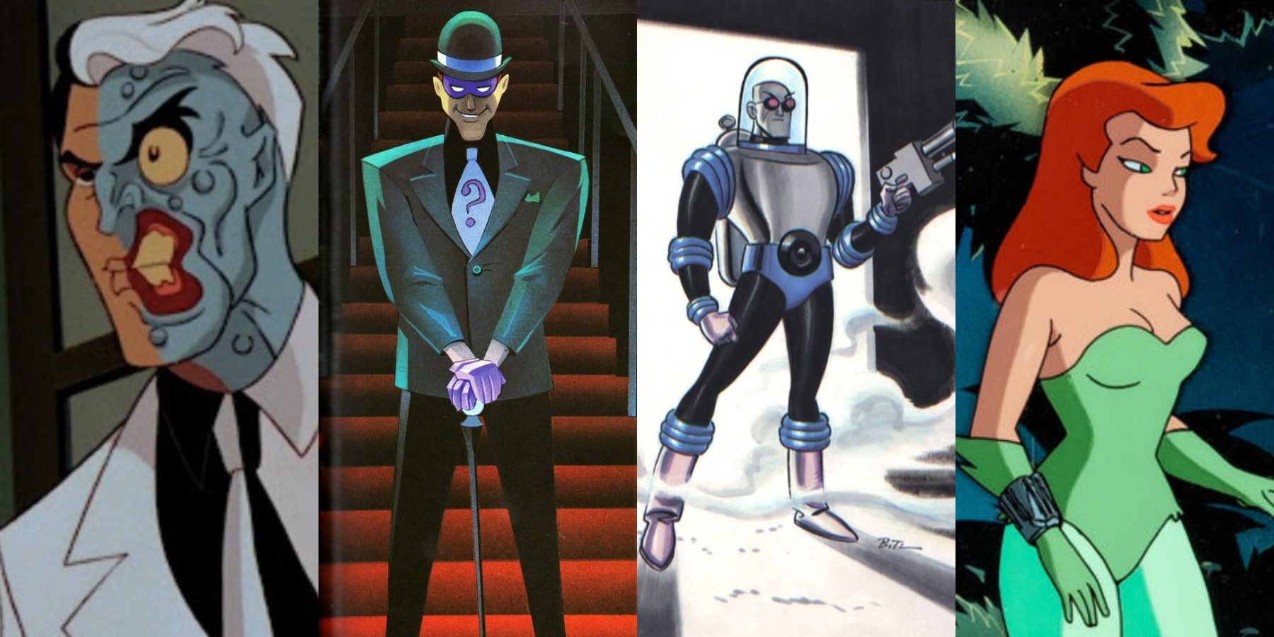Split image of Two-Face, Riddler, Mr. Freeze, and Poison Ivy from Batman the Animated Series.