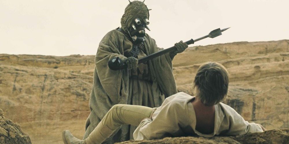 A Tusken Raider attacks Luke in Star Wars