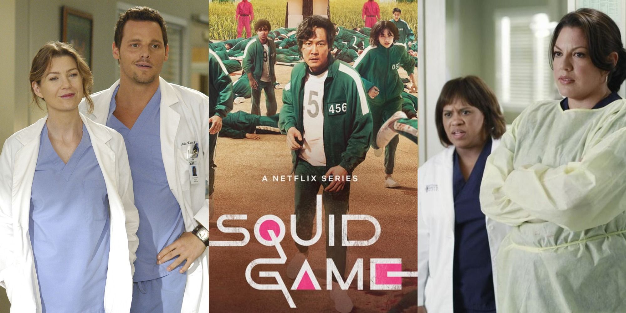 A split image of Alex, Meredith, Callie and Bailey standing together in Grey&rsquo;s Anatomy and the Squid Game poster in the center