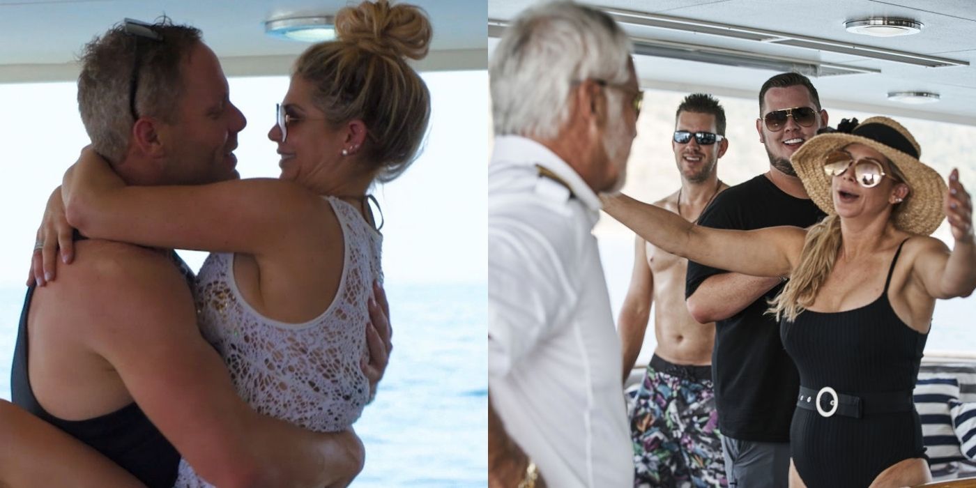 A split image of Alexis Bellino in an episode of Below Deck on Bravo hugging her partner and the captain