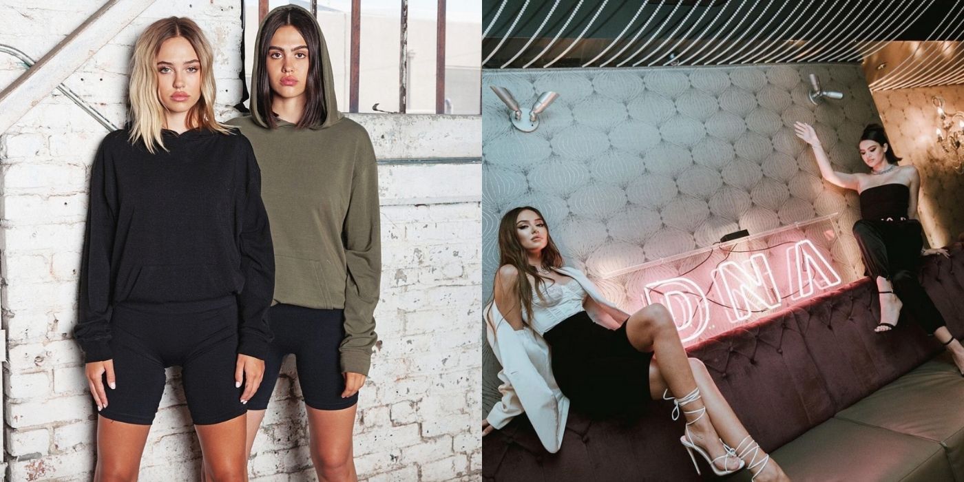 A split image of Amelia and Delilah Hamilin for their fashion line DNA