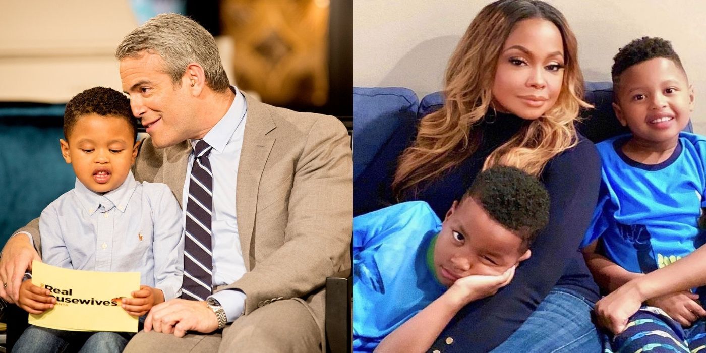 A split image of Andy Cohen sitting with Ayden and Phaedra Parks and her son Ayden
