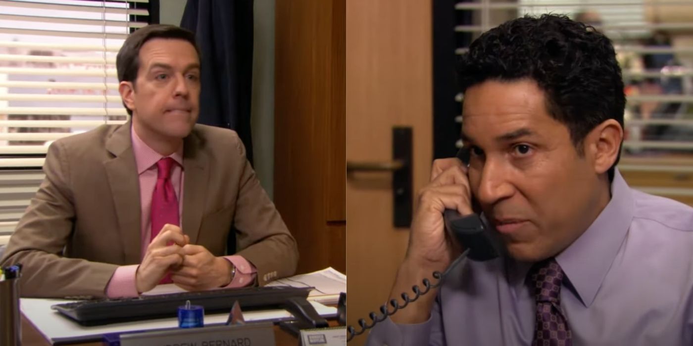 A split image of Andy talking to Oscar while he's on the phone on The Office