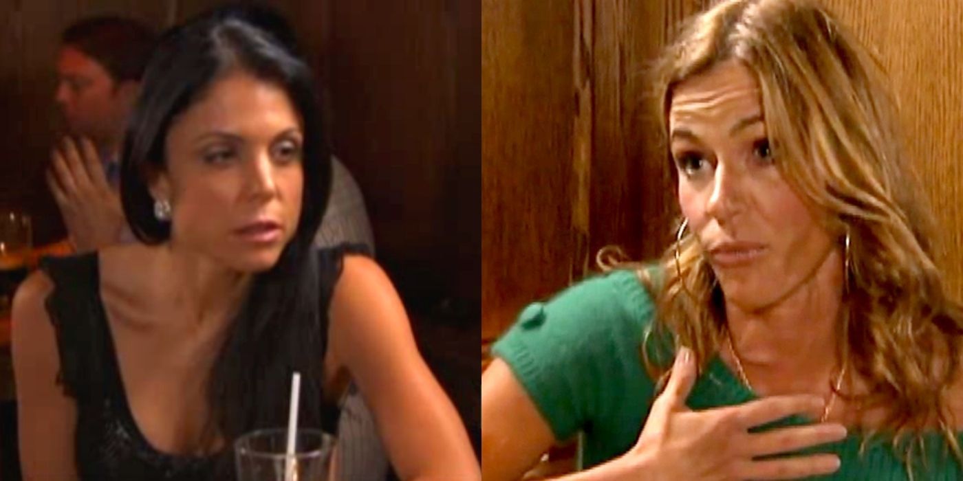 A split image of Bethenny and Kelly arguing at dinner in RHONY
