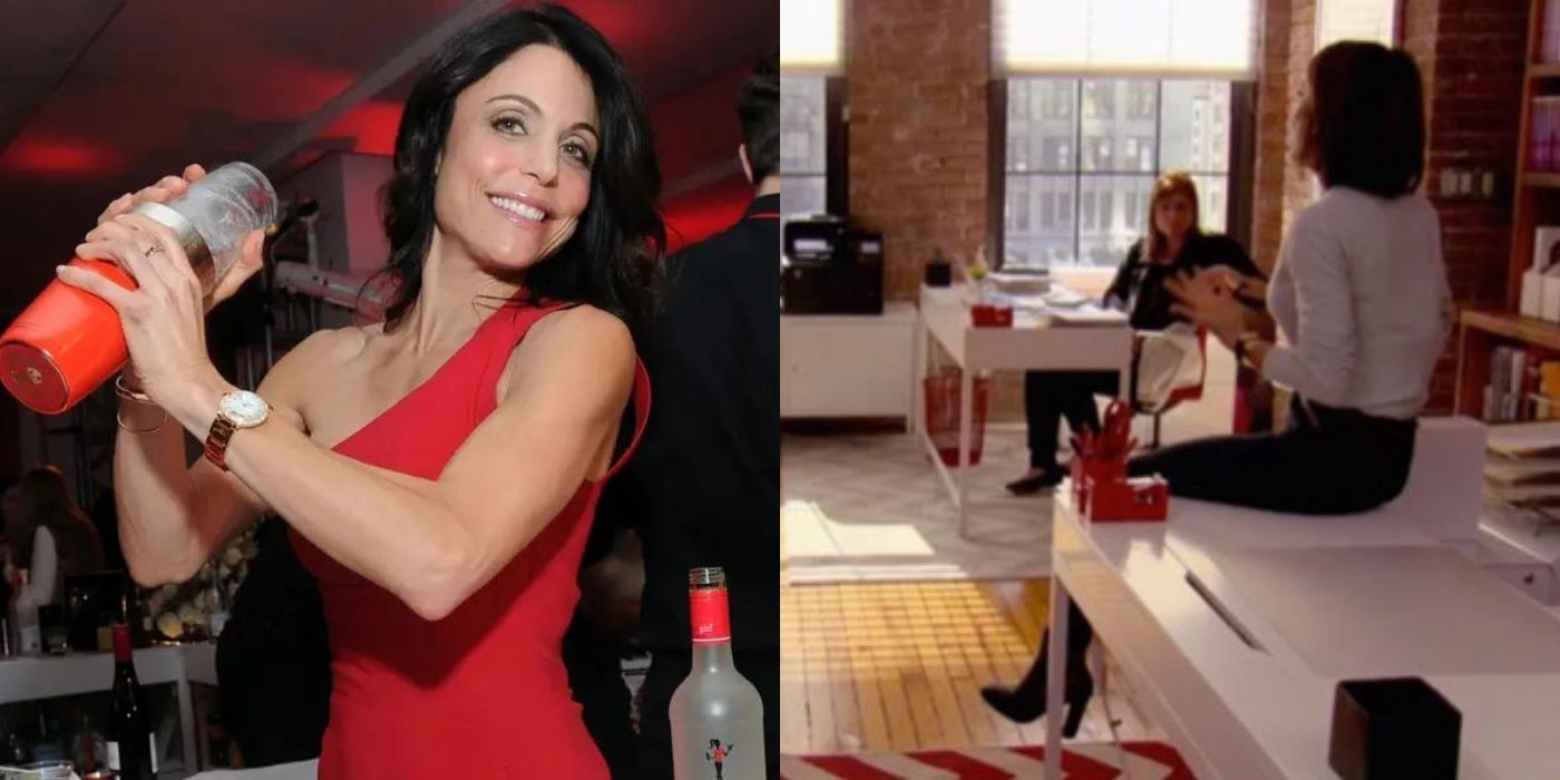 A split image of Bethenny shaking a cocktail and later working in her office on RHONY