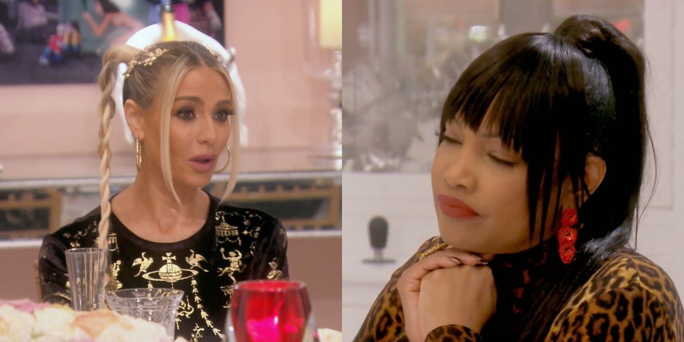 A split image of Dorit and Garcelle bickering at the table on RHOBH