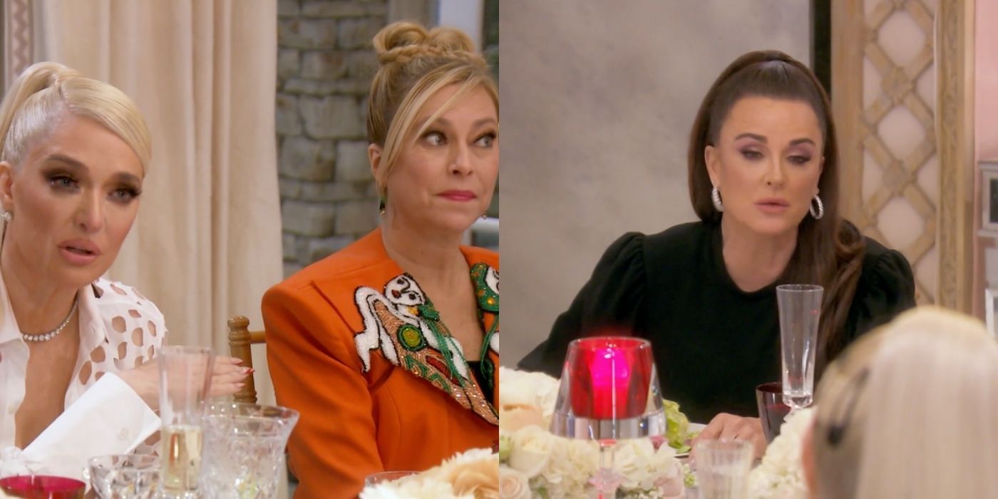 A split image of Erika and Sutton bickering against Kyle at the dinner table in season 11 of RHOBH