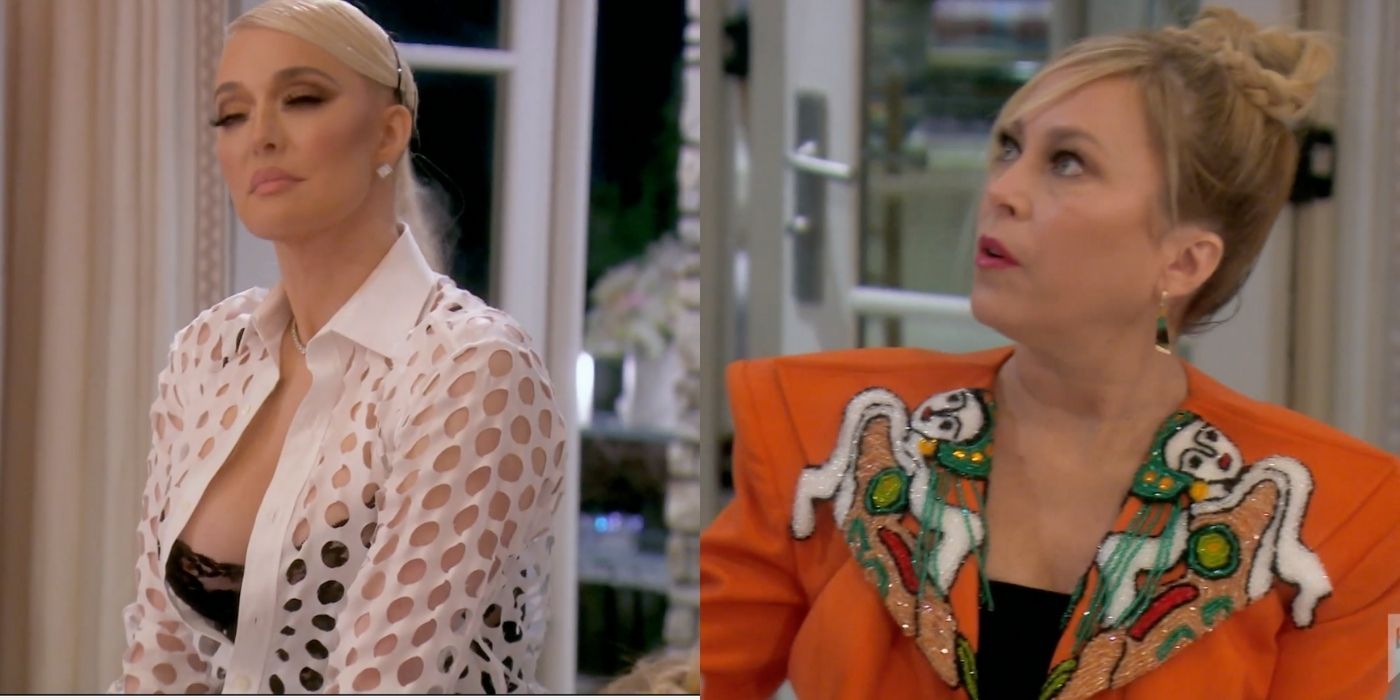A split image of Erika and Sutton bickering at dinner in season 11 of RHOBH