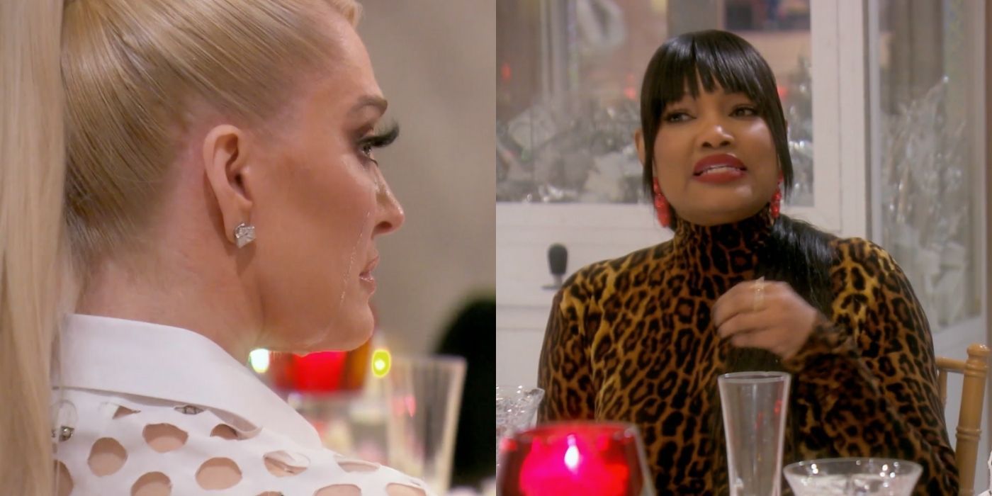 A split image of Erika crying at the dinner table and Garcelle apologizing on Real Housewives of Beverly Hills