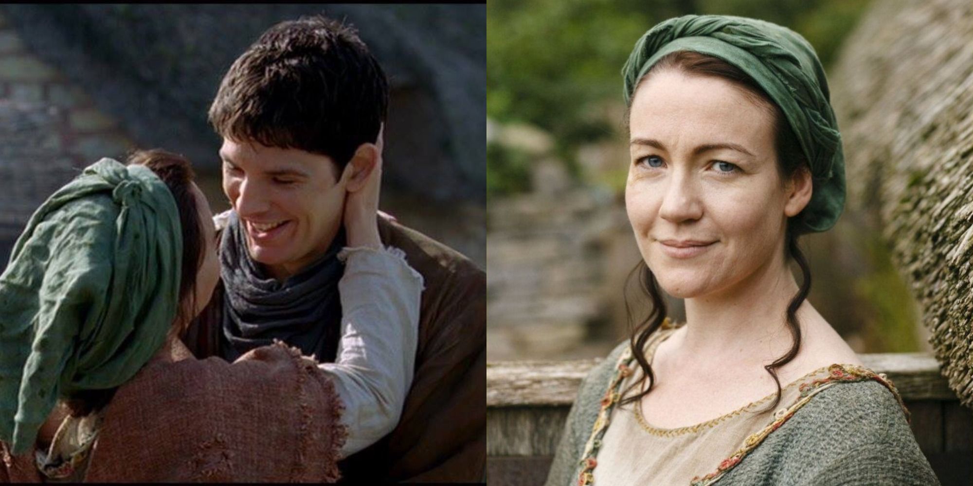 A split image of Hunith and her son hugging and Hunith smiling in Merlin