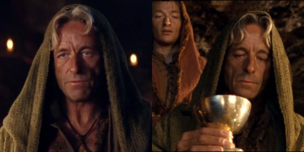 A split image of Iseldir looking concerned and him holding a chalice in Merlin